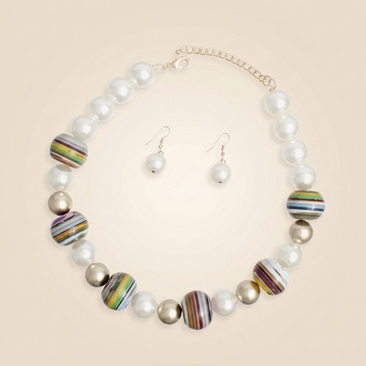 Multicolor Striped Bead Cream 20mm Pearl Necklace