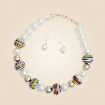 Multicolor Striped Bead Cream 20mm Pearl Necklace