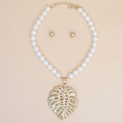 Cream Pearl Gold Palm Leaf Pendant Necklace
