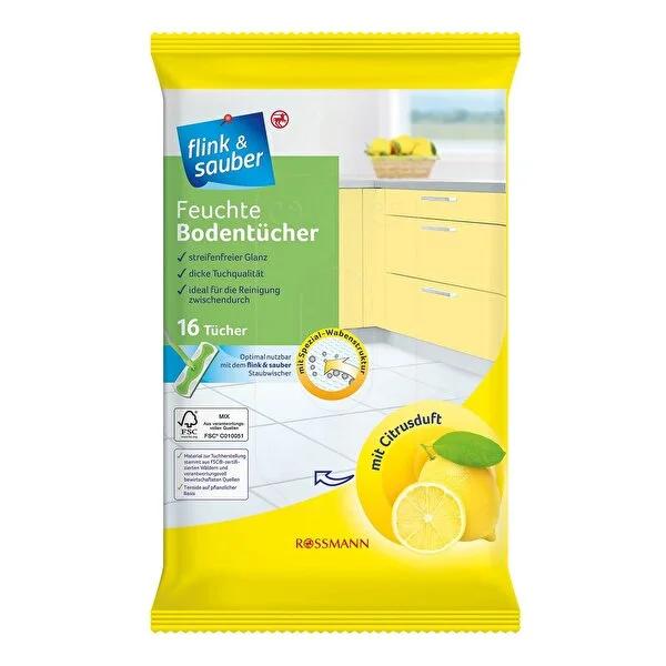 Flink &amp; Sauber Wet Wipes for Floor Cleaning - Citrus Scented, 16 Count - Convenient Floor Cleaning Solution