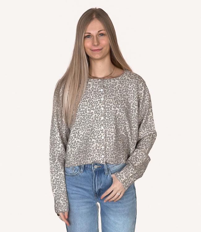 Leopard Print Button Up Cardigan - Vintage Oatmeal
