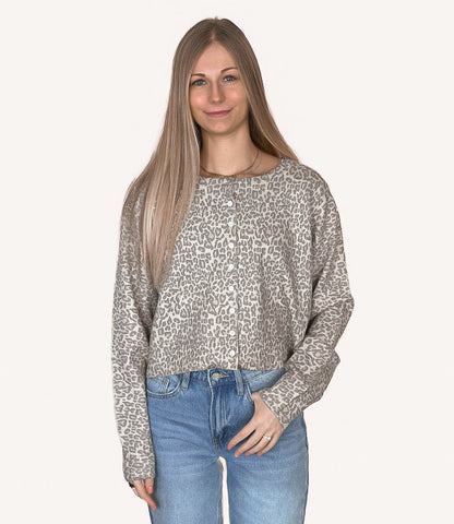 Leopard Print Button Up Cardigan - Vintage Oatmeal