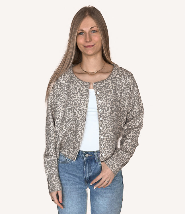 Leopard Print Button Up Cardigan - Vintage Oatmeal