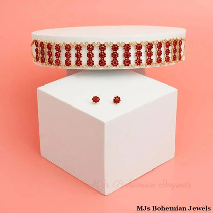 Gold &amp; Red Stone Statement Choker Necklace Set