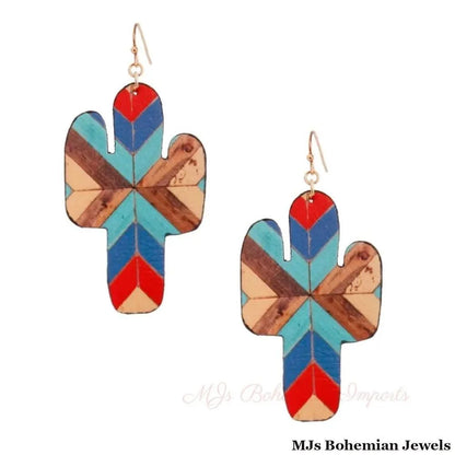 Multi Mosaic Leather Cactus Earrings