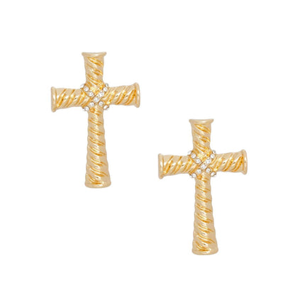 Stud Gold Cross Ridged Texture Earrings Women