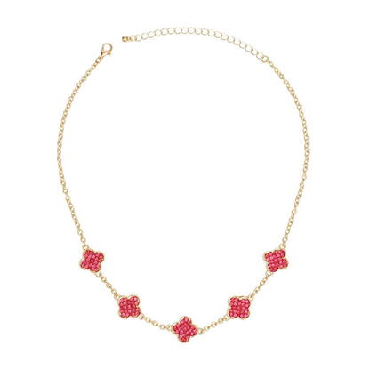 Necklace Gold Pink Rhinestone Quatrefoil Clovers