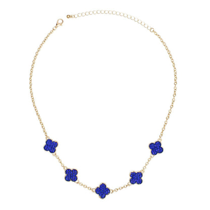 Necklace Gold Blue Rhinestone Quatrefoil Clovers