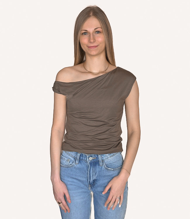 Asymmetrical One Shoulder Knit Top - Olive