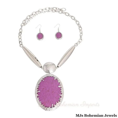 Oval Marbled Purple Stone Pendant Necklace