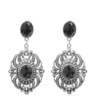 Black Stone Antique Drop Earrings in Burnished Silver