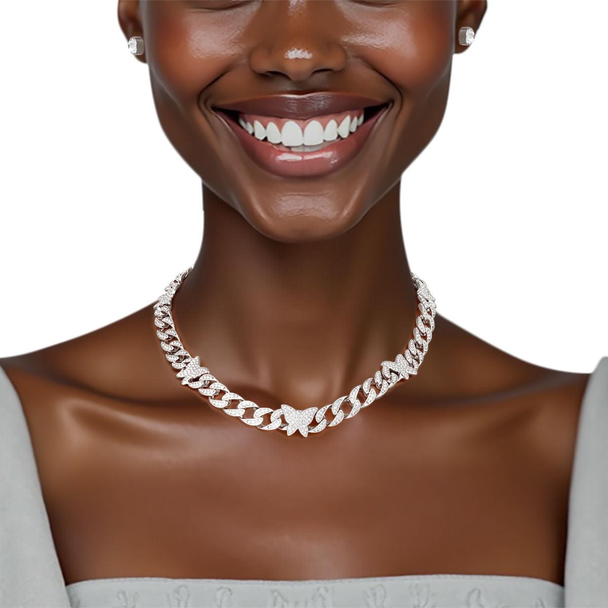 Chain Feminine Flair Iced Silver Butterfly Necklace