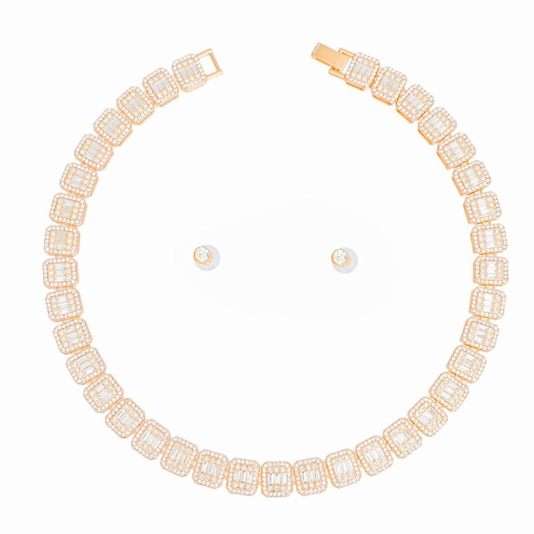 Chain Gold Square Halo Baguette Iced Necklace Set