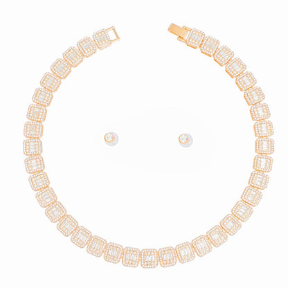 Chain Gold Square Halo Baguette Iced Necklace Set