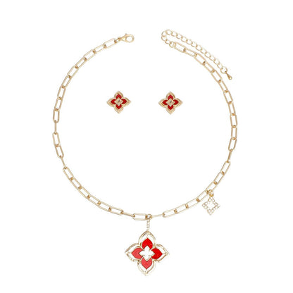 Pendant Gold Red Monogram Flower Necklace Set