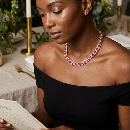 Tennis Pink Cushion Cut Crystal Halo Luxe Necklace