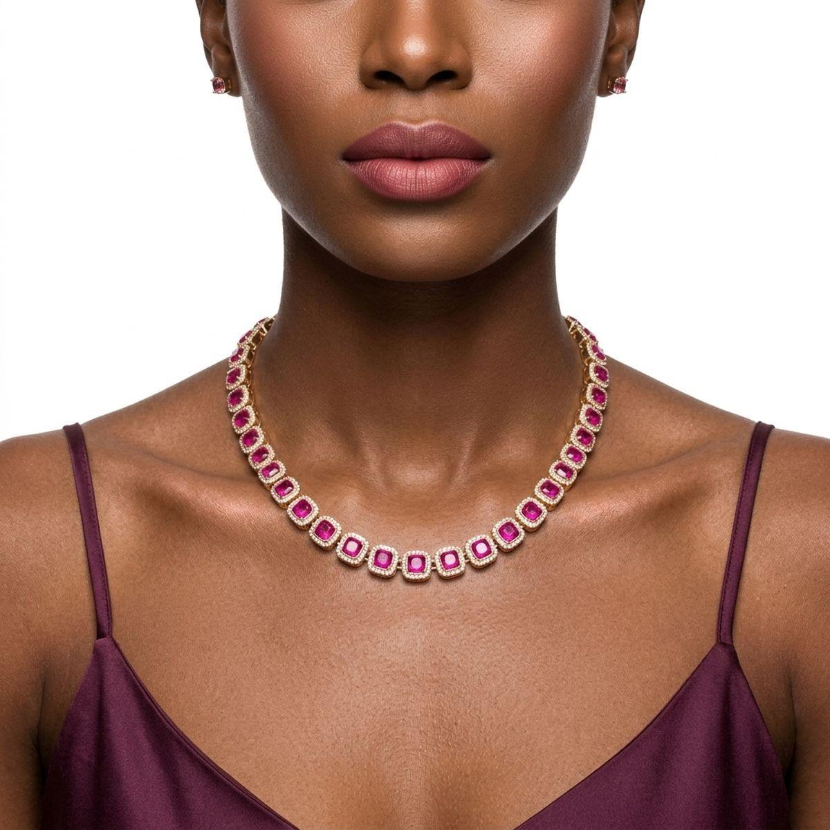 Tennis Pink Cushion Cut Crystal Halo Luxe Necklace