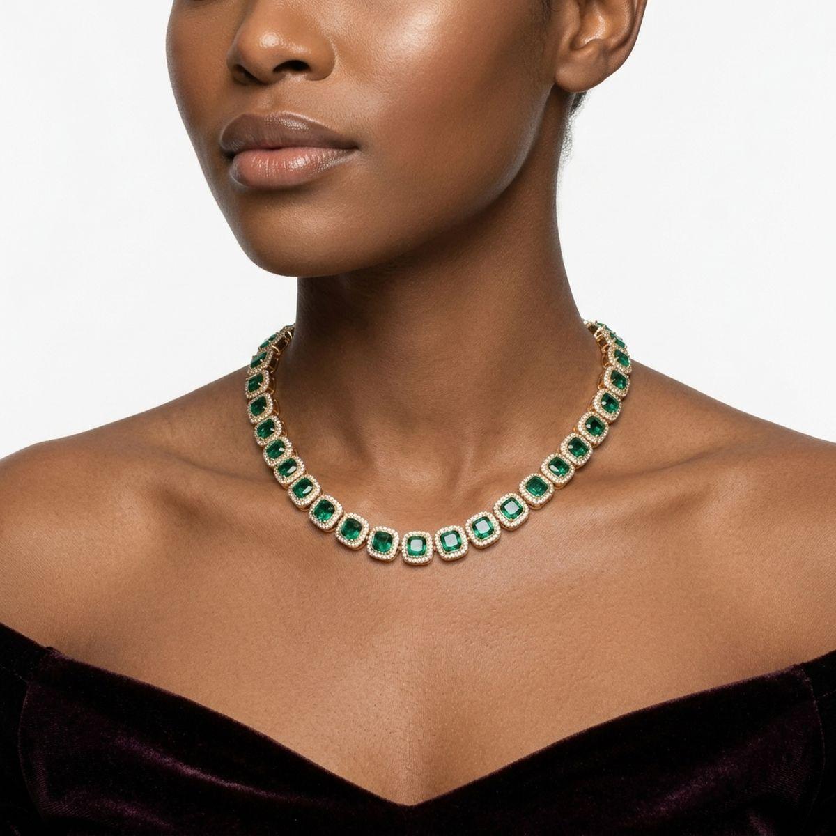 Tennis Green Cushion Cut Crystal Halo Luxe Necklace