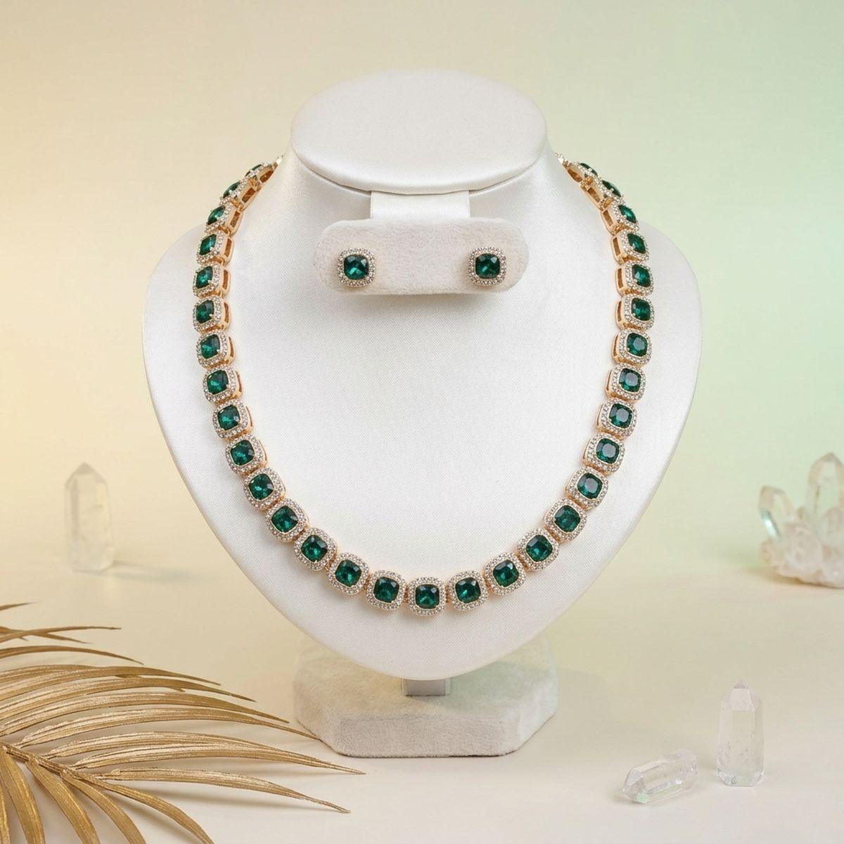 Tennis Green Cushion Cut Crystal Halo Luxe Necklace
