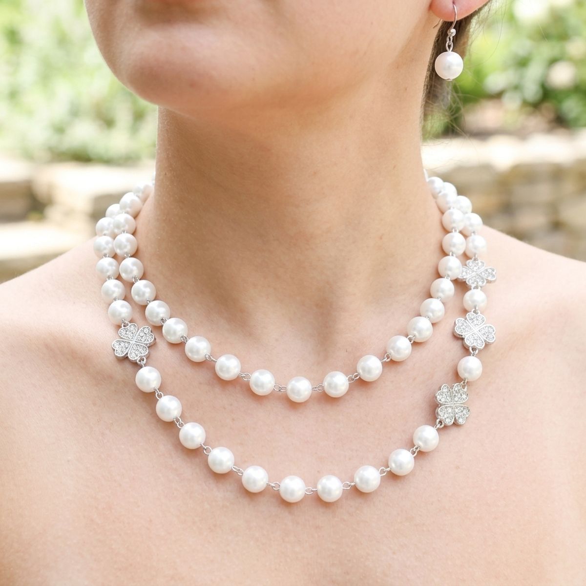 White Pearl Lucky Charm Layered Necklace &amp; Earring Set