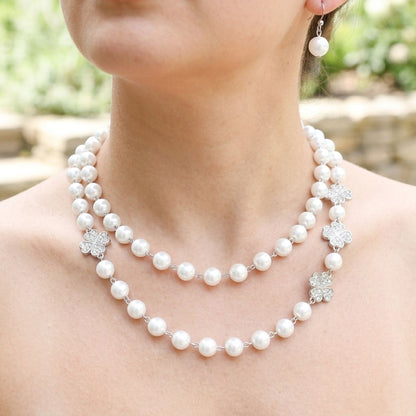 White Pearl Lucky Charm Layered Necklace &amp; Earring Set