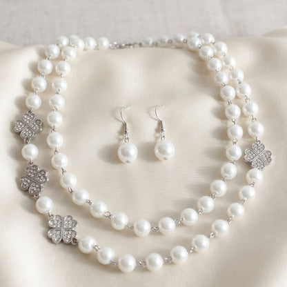 White Pearl Lucky Charm Layered Necklace &amp; Earring Set