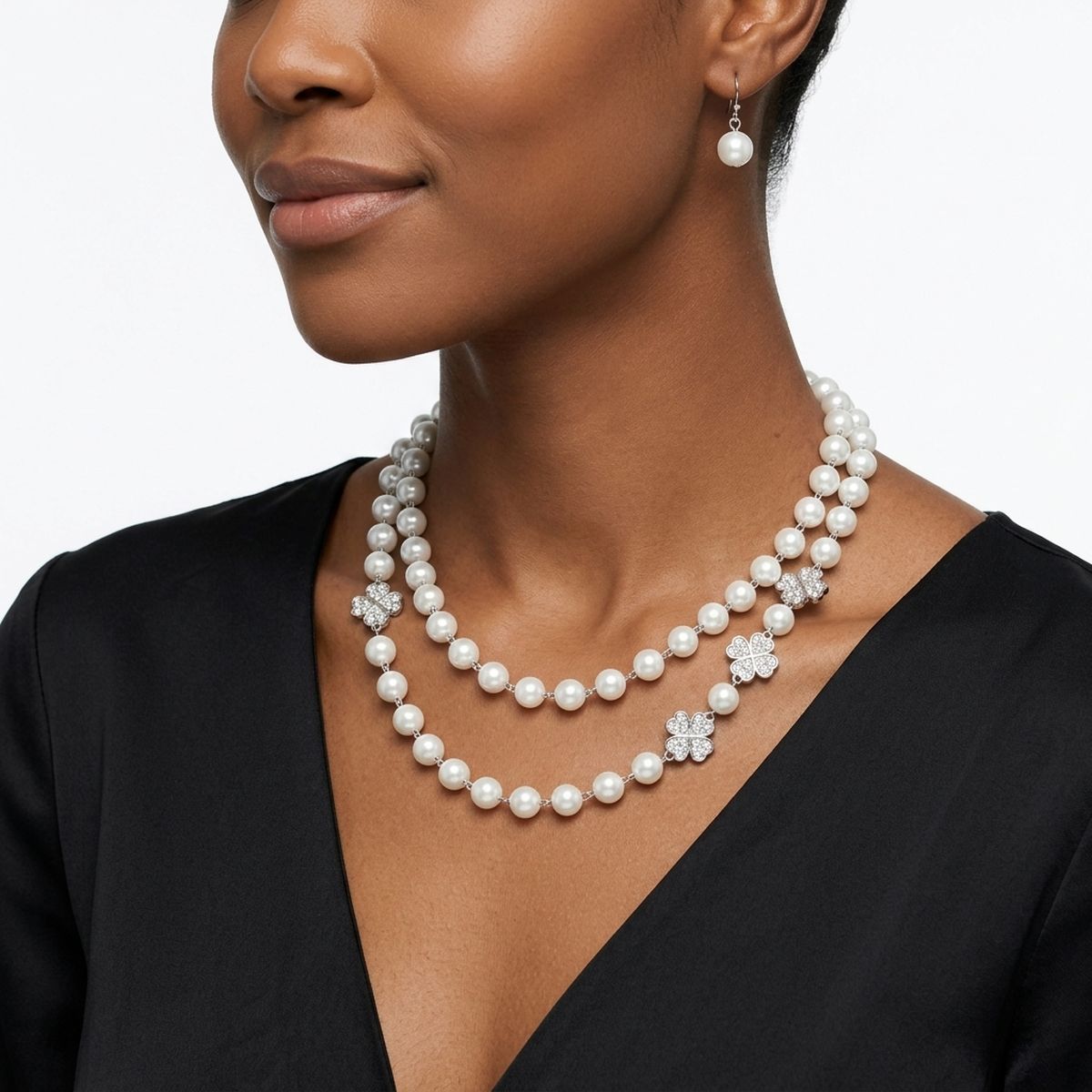 White Pearl Lucky Charm Layered Necklace &amp; Earring Set