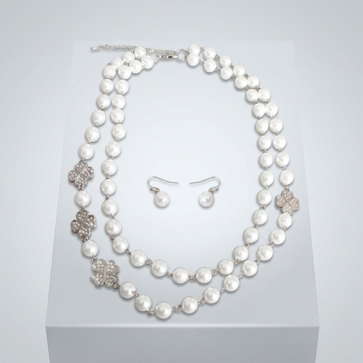 White Pearl Lucky Charm Layered Necklace &amp; Earring Set