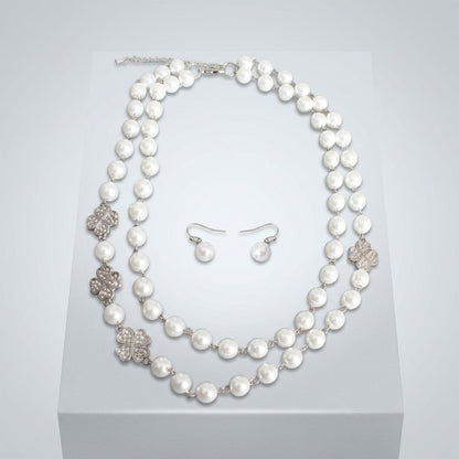 White Pearl Lucky Charm Layered Necklace &amp; Earring Set