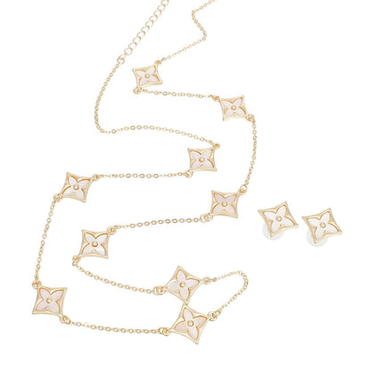 Long Necklace Gold Cream Monogram Flower Chain
