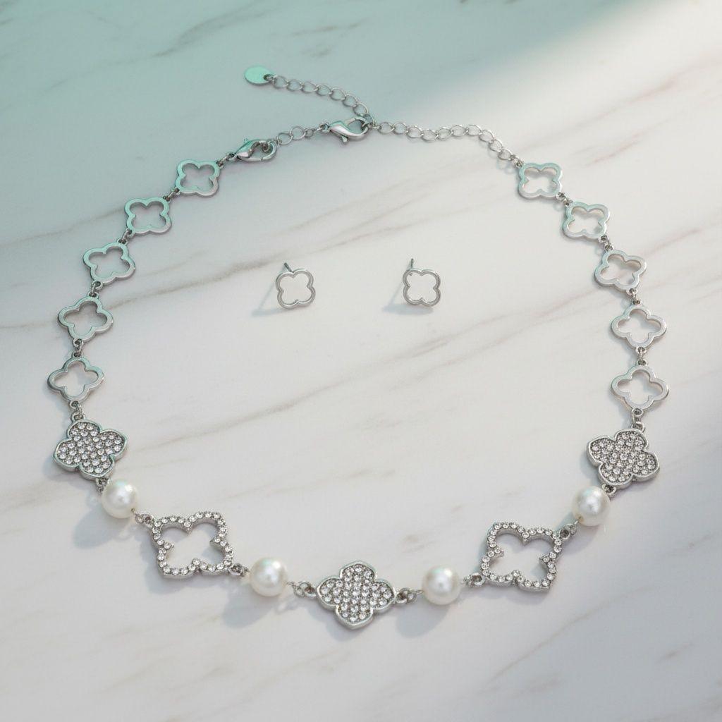 Silver Pave Quatrefoil Clover Cotton Pearl Necklace