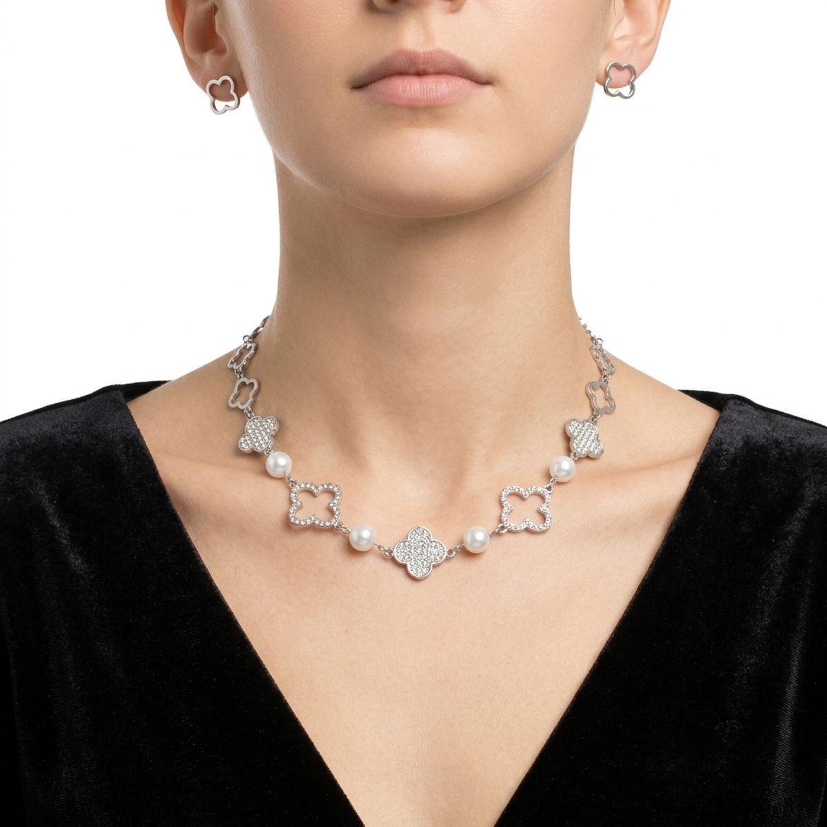 Silver Pave Quatrefoil Clover Cotton Pearl Necklace