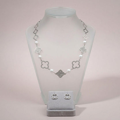 Silver Pave Quatrefoil Clover Cotton Pearl Necklace