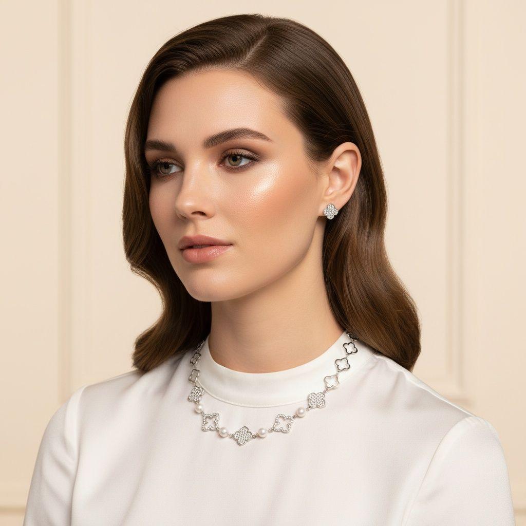 Silver Pave Quatrefoil Clover Cotton Pearl Necklace