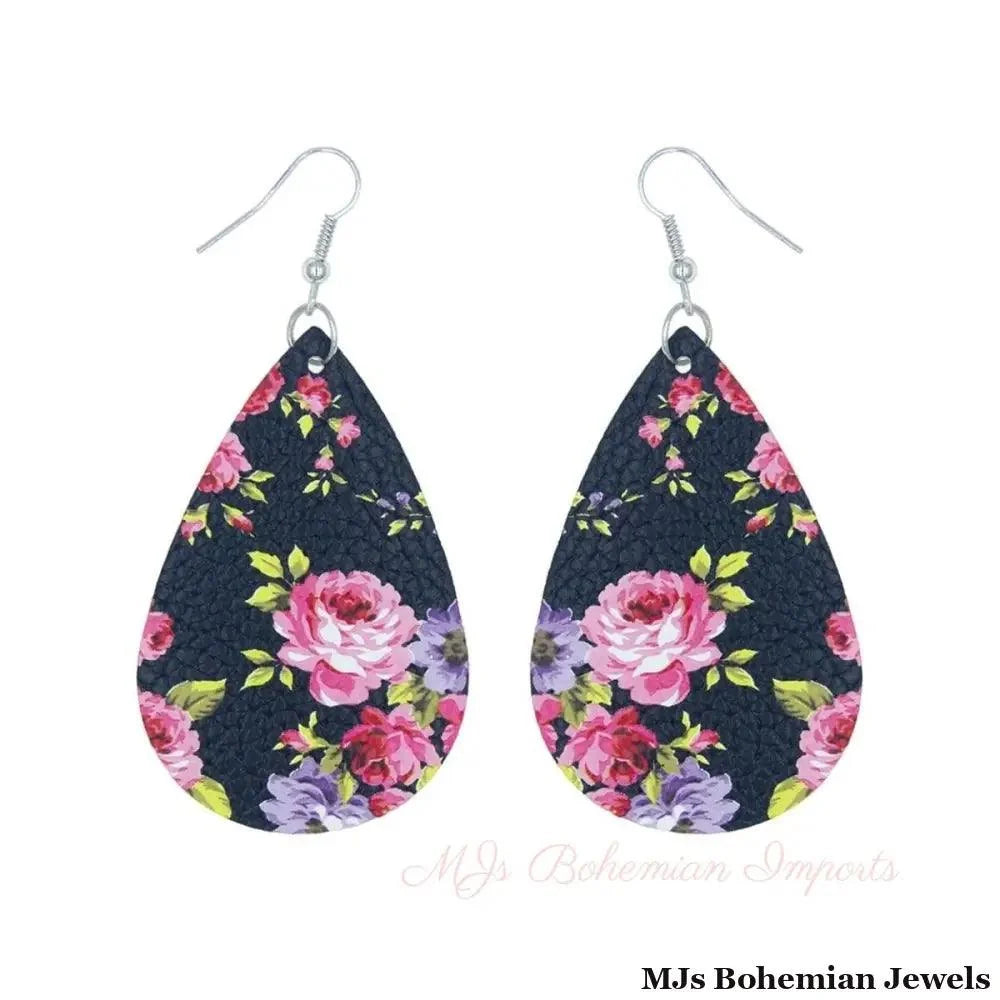 Pink Rose Printed Teardrop Earrings