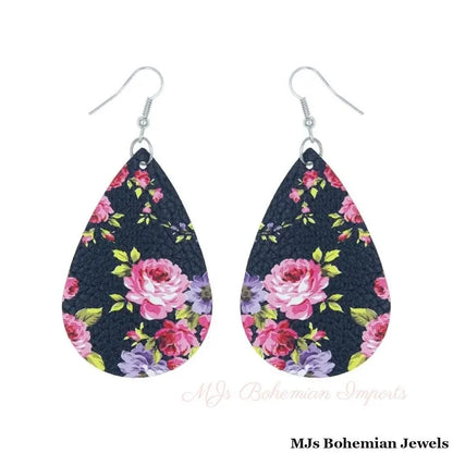 Pink Rose Printed Teardrop Earrings