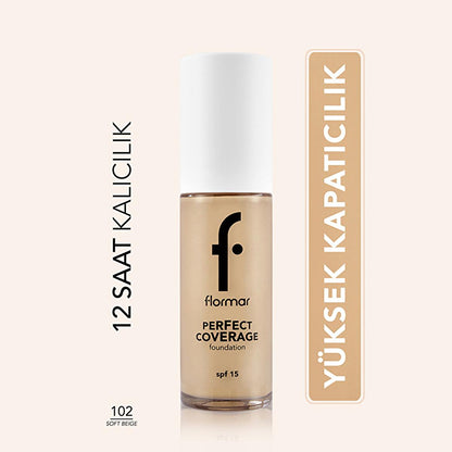 Flormar Perfect Coverage Foundation - Soft Beige (102) - Long-Lasting, SPF 15