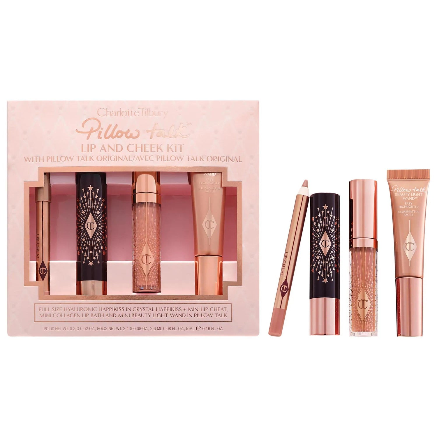 Charlotte Tilbury Pillow Talk: Iconic Lip &amp; Cheek Makeup Set - Hydrating Lipstick Balm, Lip Liner, Plumping Gloss, Natural Beauty Highlighter Wand - Paraben &amp; Cruelty-Free