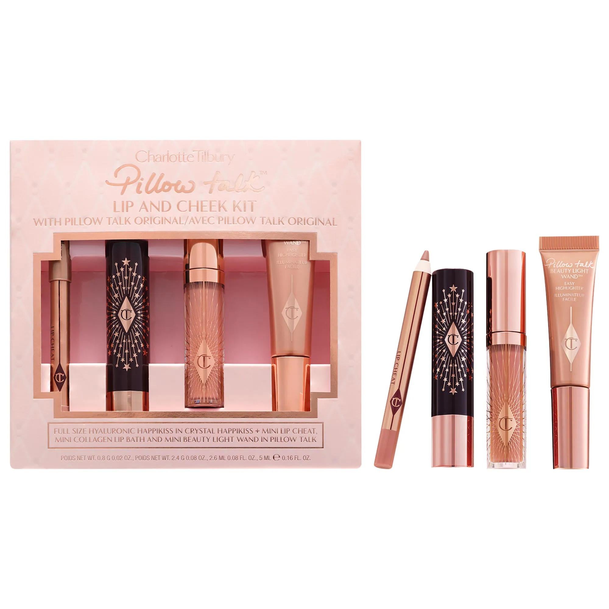 Charlotte Tilbury Pillow Talk: Iconic Lip &amp; Cheek Makeup Set - Hydrating Lipstick Balm, Lip Liner, Plumping Gloss, Natural Beauty Highlighter Wand - Paraben &amp; Cruelty-Free