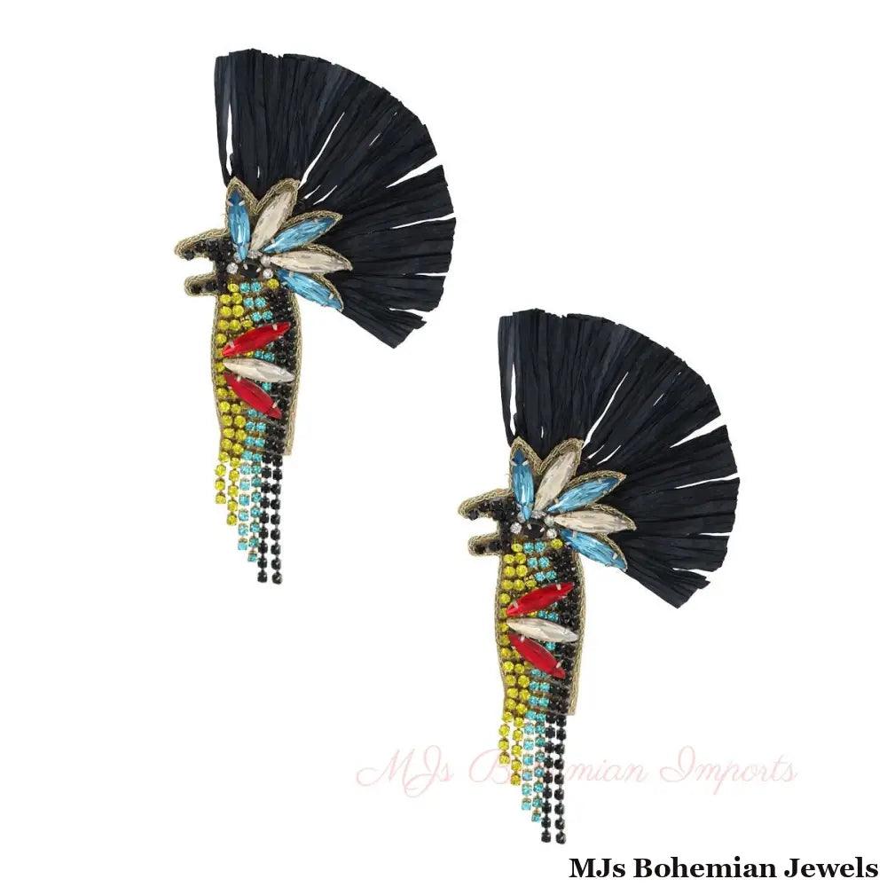 Raffia and Rhinestone Macaw Earrings