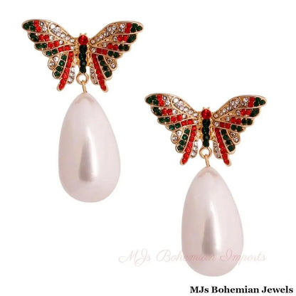 Red and Green Butterfly Pearl Earrings