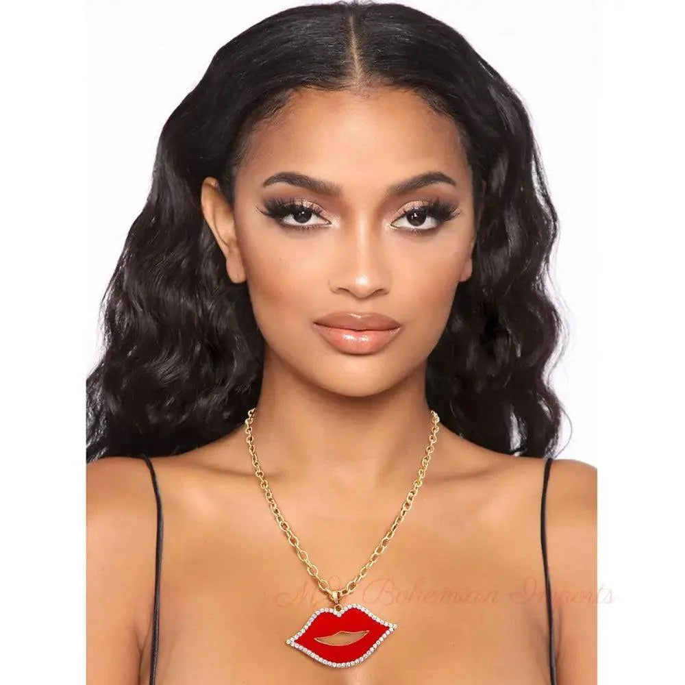 Red Lips Gold Chain Necklace | Rhinestone Epoxy Lip Pendant Statement Necklace