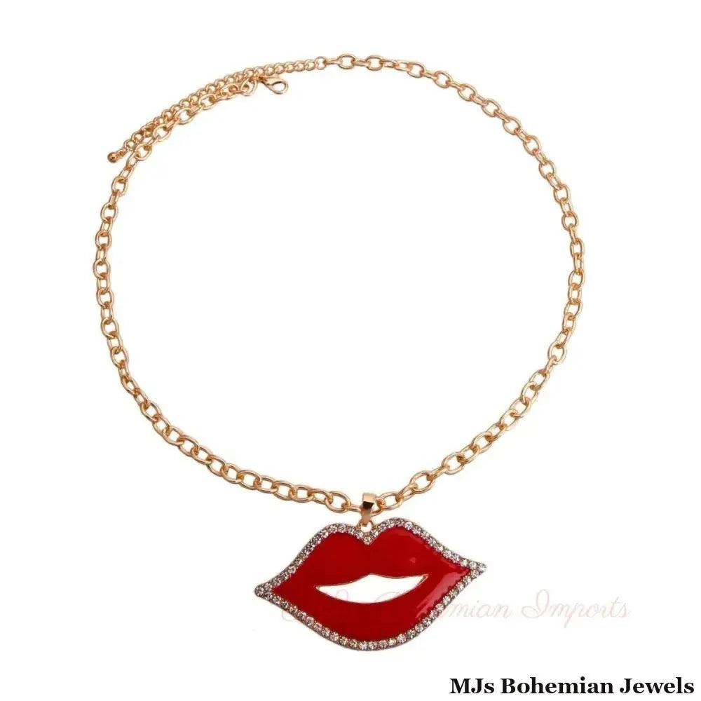 Red Lips Gold Chain Necklace | Rhinestone Epoxy Lip Pendant Statement Necklace