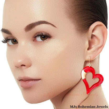 Red Matte Gold Heart Earrings