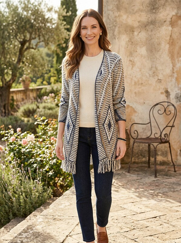 Style and Co Jacquard Knit Fringed-Hem Long Cardigan, Size Small