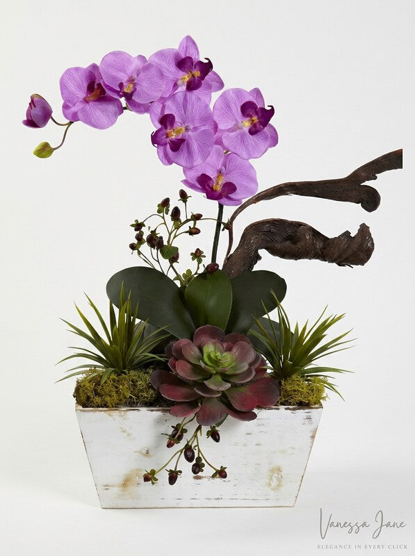 Nearly Natural 1458-Or Orchid &amp; Succulent Garden With White Wash Planter