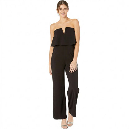 Bebe Women Black Scuba Crepe Strapless Jumpsuit V Notch, Size XS