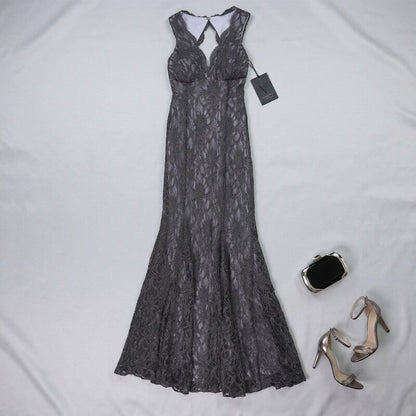 Morgan and Co Womens Scalloped Lace Gown Dress, Blue, 1/2
