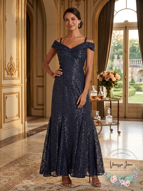 R &amp; M Richards Off-the-Shoulder Lace Gown, 8
