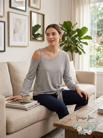 Single Thread Womens Grommet Cold Shoulder Pullover Top Gray, Small